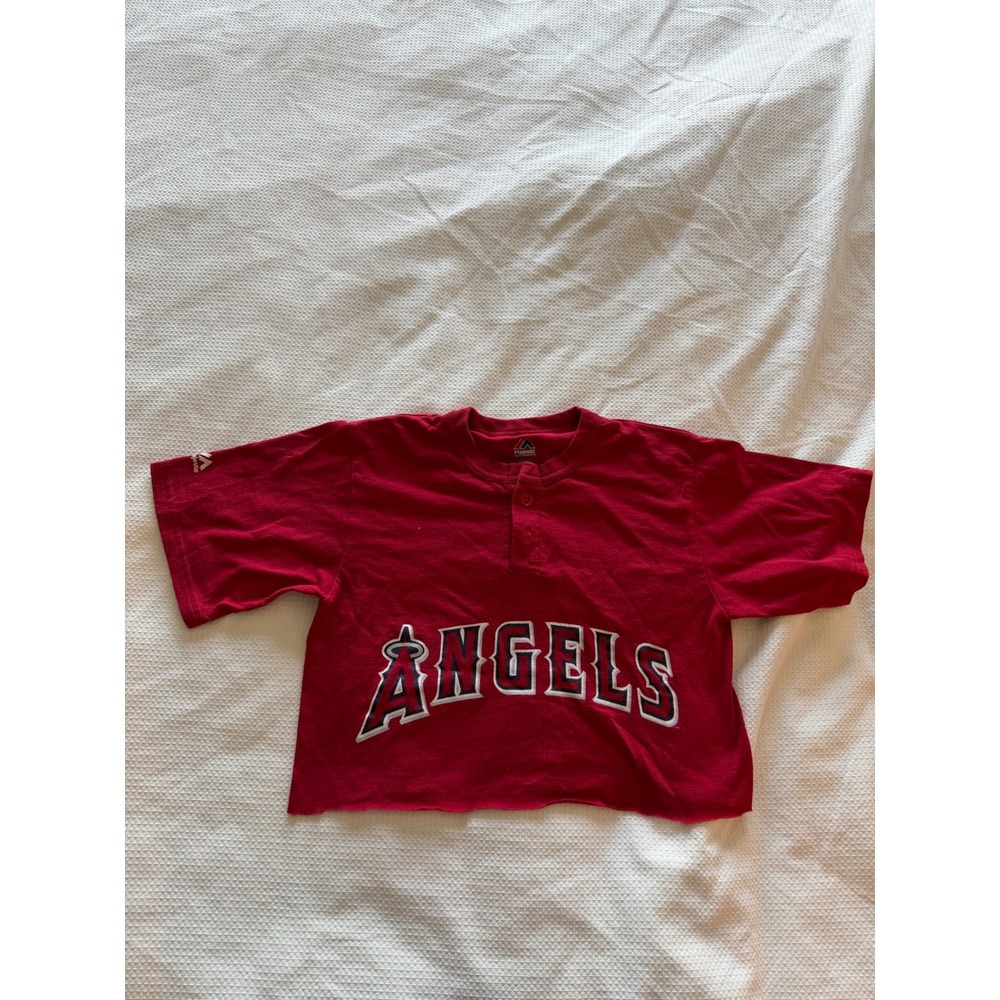 Majestic Los Angeles Angels Red Henley Crop Top Women Small MLB Baseball Graphic